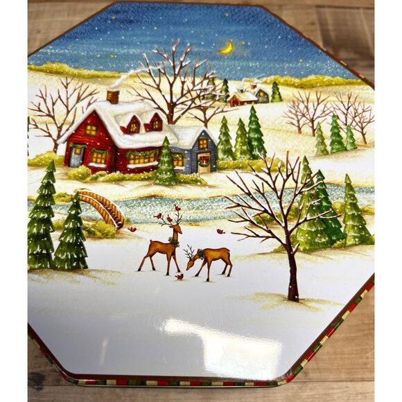 Hexagon Christmas Tin With Winter Scene & Deer Design - Picture 2 of 5